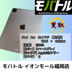 BランクのiPad Pro 11インチ 第2世代 Wi-Fi + Cellularモデルを高額買取！【モバトル イオンモール福岡店】